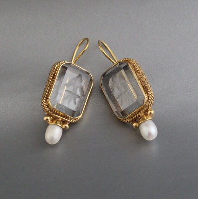 Clear Crystal Intaglio Earrings, Natural Pearl, Greek Roman Style, photo 7
