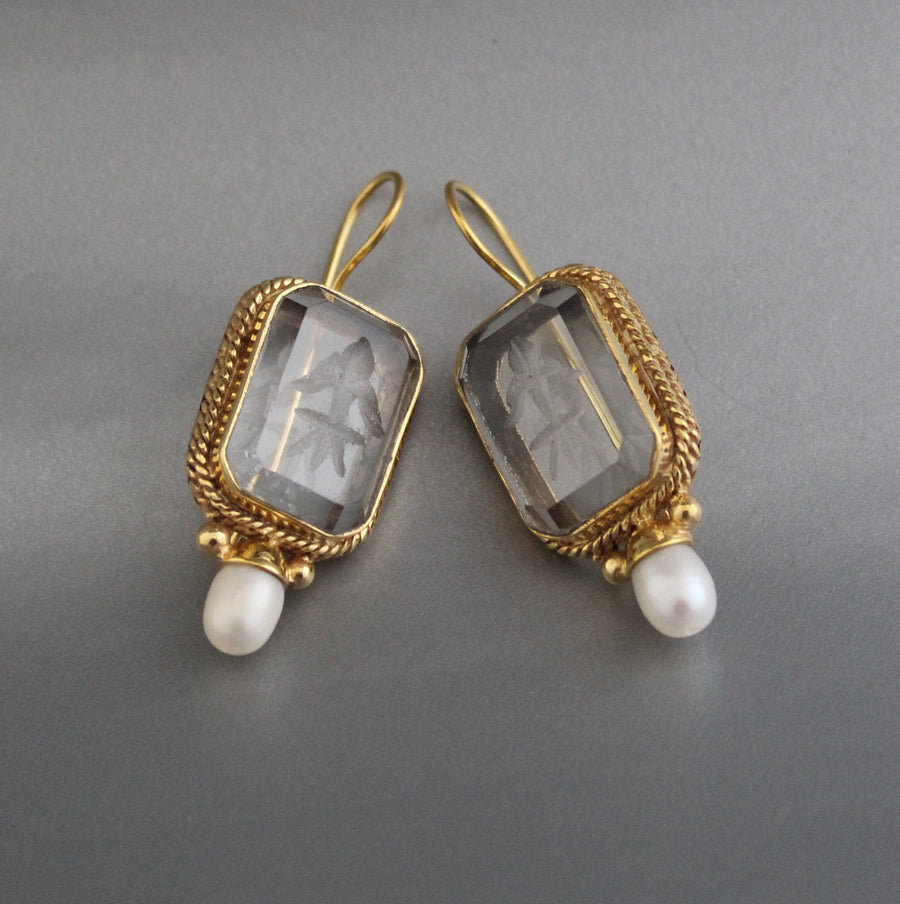 Clear Crystal Intaglio Earrings, Natural Pearl, Greek Roman Style, photo 7