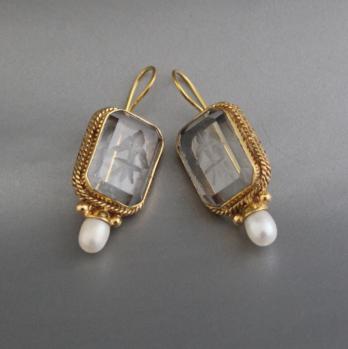 Intaglio Crystal Earrings, Victorian Style, Dainty Gold, photo 7
