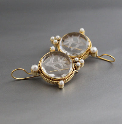 Clear Crystal Intaglio Earrings, 1920s Art Deco, 18K Gold, photo 4
