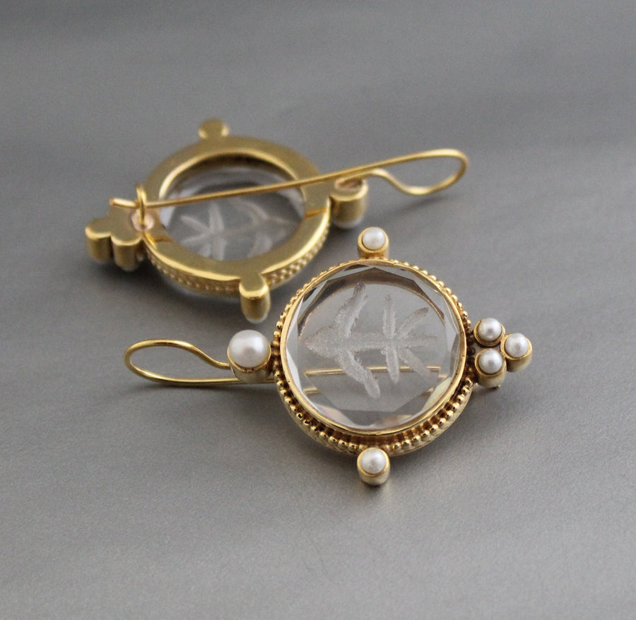 Clear Crystal Intaglio Earrings, 1920s Art Deco, 18K Gold, photo 5