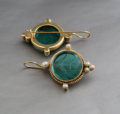 Intaglio Glass Earrings, Vintage Bridal Style, Brass with Pearls, photo 2