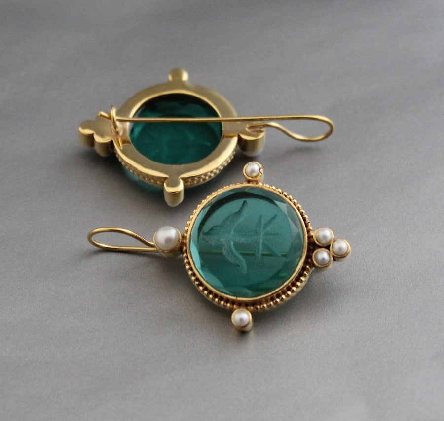 Intaglio Glass Earrings, Vintage Bridal Style, Brass with Pearls, photo 2