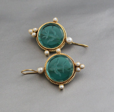 Intaglio Glass Earrings, Vintage Bridal Style, Brass with Pearls, photo 8
