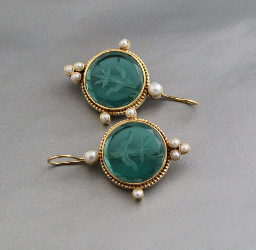 Intaglio Glass Earrings, Vintage Bridal Style, Brass with Pearls, photo 8
