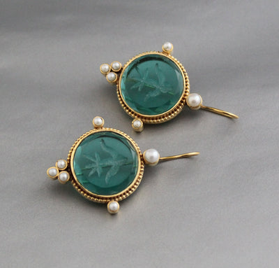 Intaglio Glass Earrings, Vintage Bridal Style, Brass with Pearls, photo 10