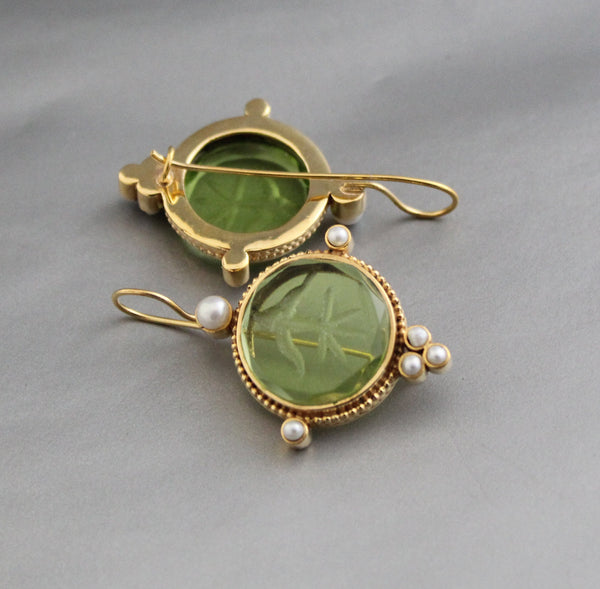 Green Glass Intaglio Earrings, Brass with Pearls