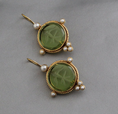 Green Glass Intaglio Earrings, Brass with Pearls, photo 7