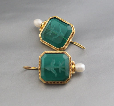 Green Intaglio Earrings, Art Deco Dangles, photo 6