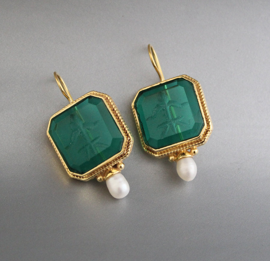 Green Intaglio Earrings, Art Deco Dangles, photo 4