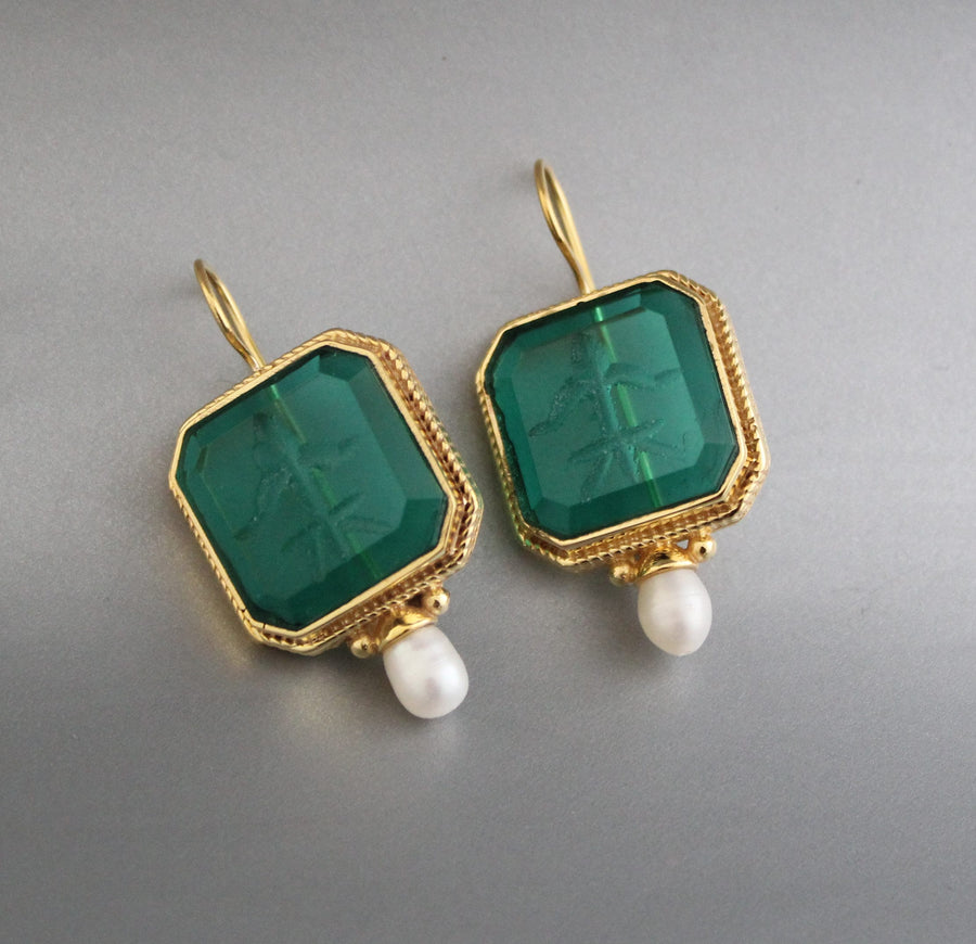Green Glass Intaglio Drop Earrings, Art Deco Style with Pearl, photo 4