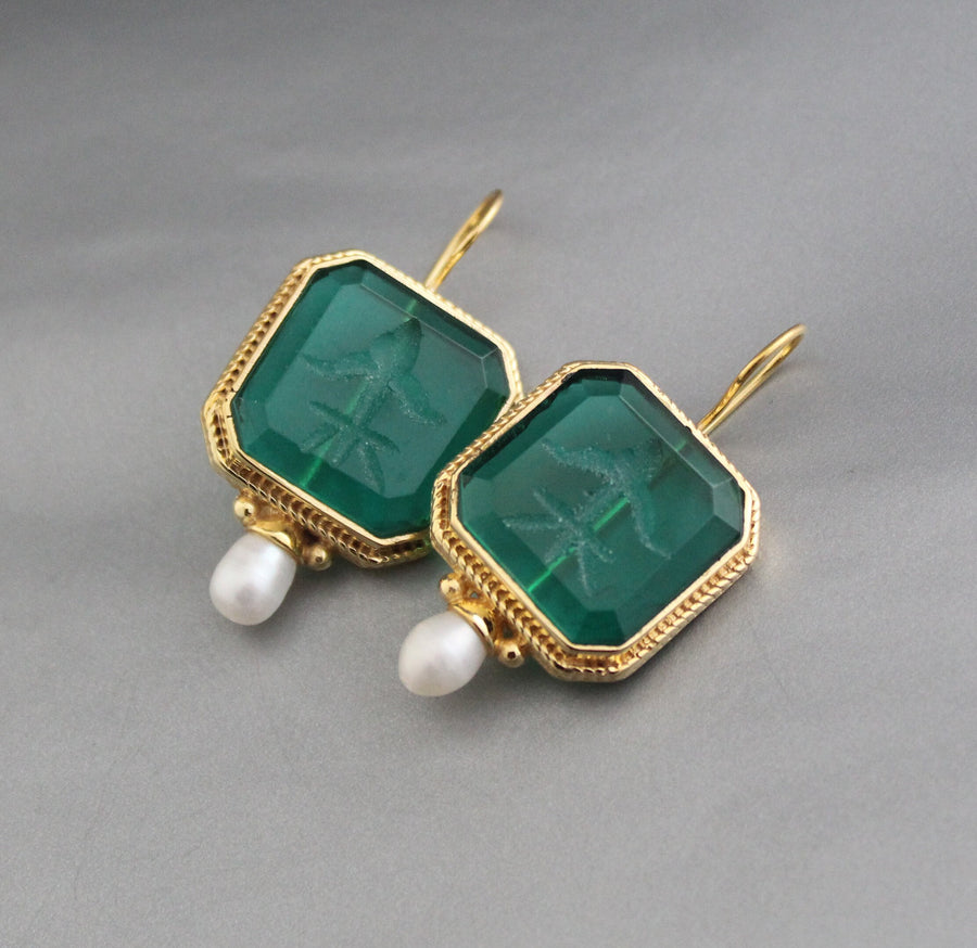 Green Intaglio Earrings, Art Deco Dangles, photo 2