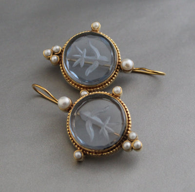 Blue Intaglio Statement Earrings, Vintage Bridal Style
