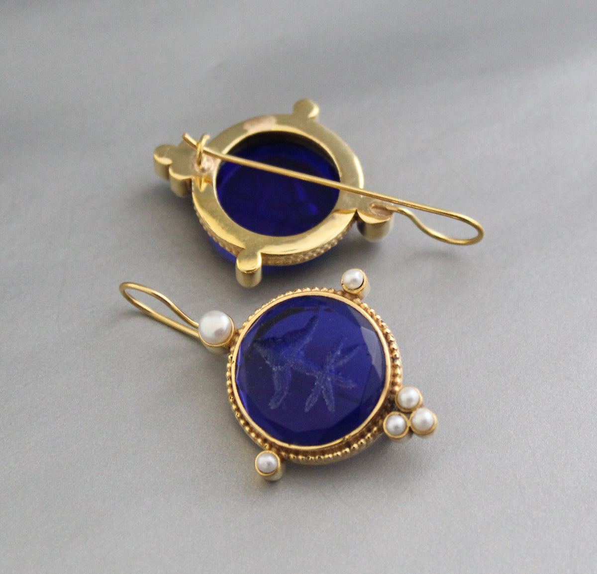Indigo Blue Intaglio Earrings, Vintage Style, Gold Vermeil, photo 2