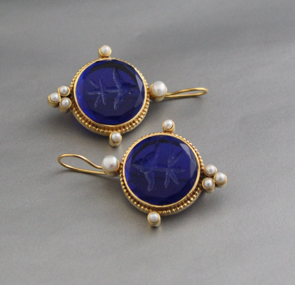 Indigo Blue Intaglio Earrings, Vintage Style, Gold Vermeil
