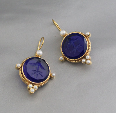 Indigo Blue Intaglio Earrings, Vintage Style, Gold Vermeil, photo 7