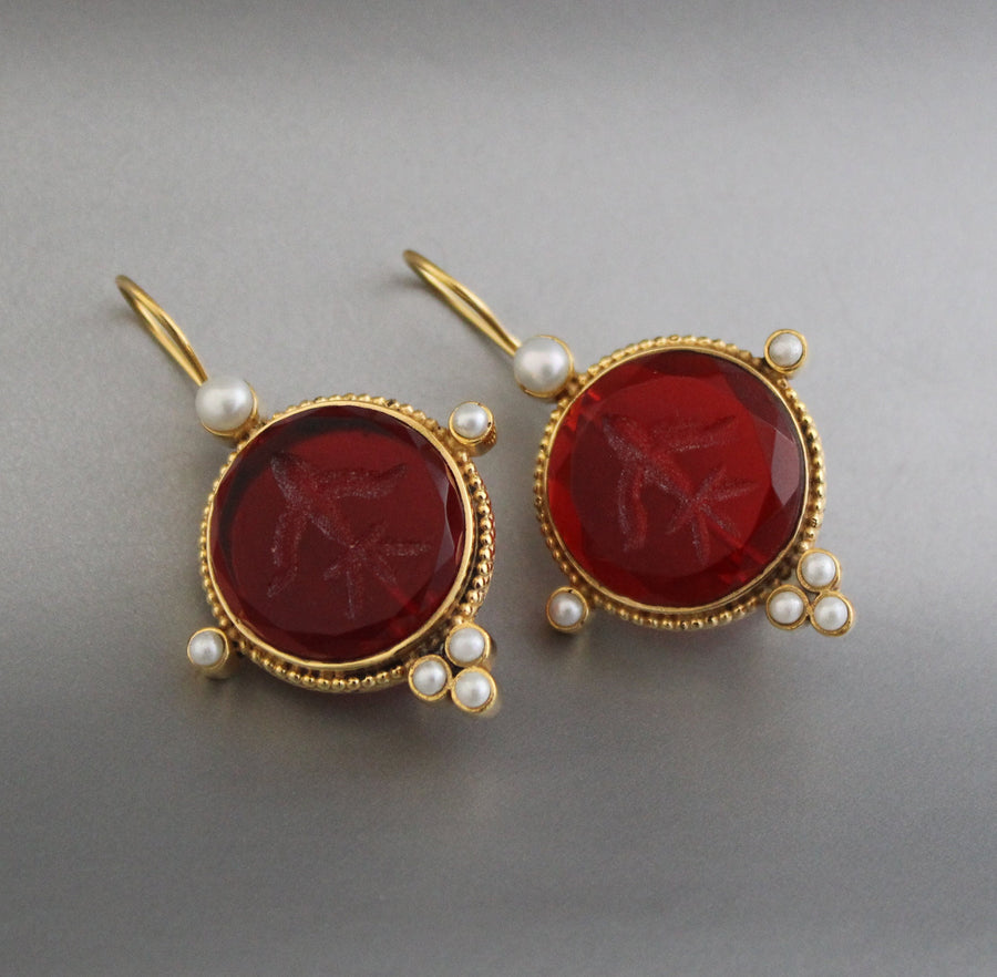 Red Glass Intaglio Earrings, Victorian Drops, Brass with Pearls, photo 5