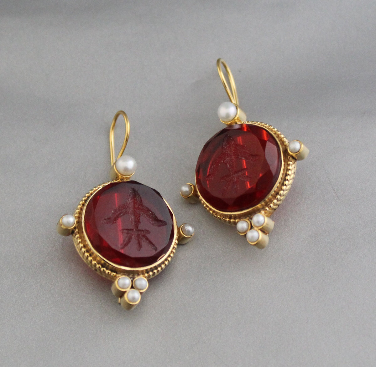 Red Glass Intaglio Earrings, Victorian Drops, Brass with Pearls, photo 9