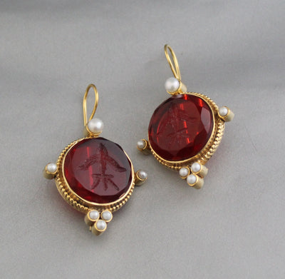 Red Glass Intaglio Earrings, Victorian Drops, Brass with Pearls, photo 9