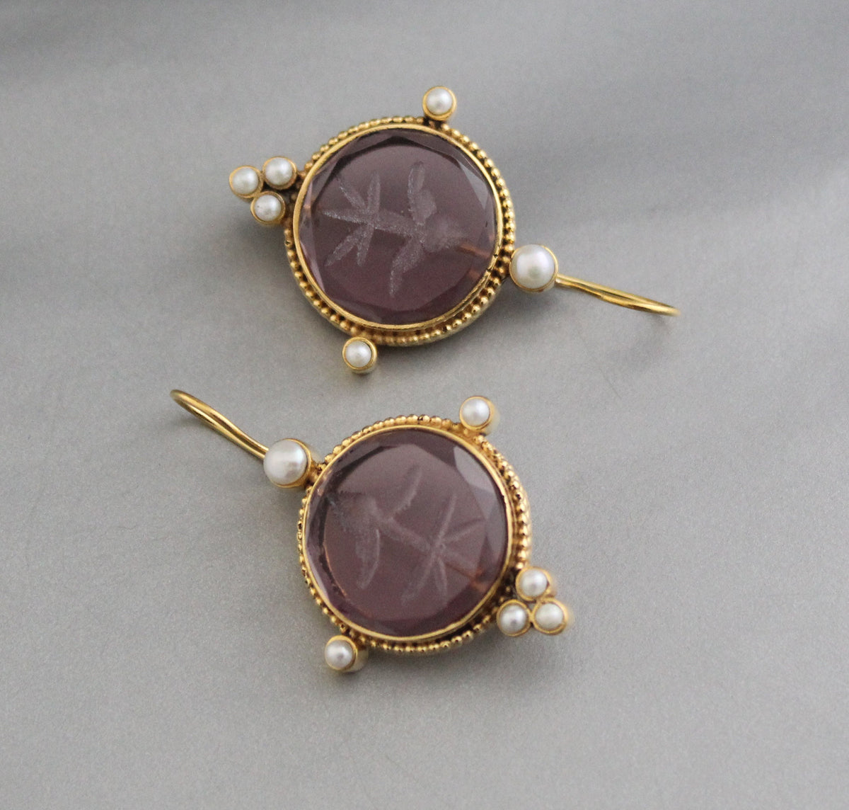 Purple Intaglio Earrings, Victorian Style, Gold, photo 2