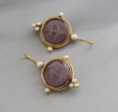 Purple Intaglio Earrings, Victorian Style, Gold, photo 2