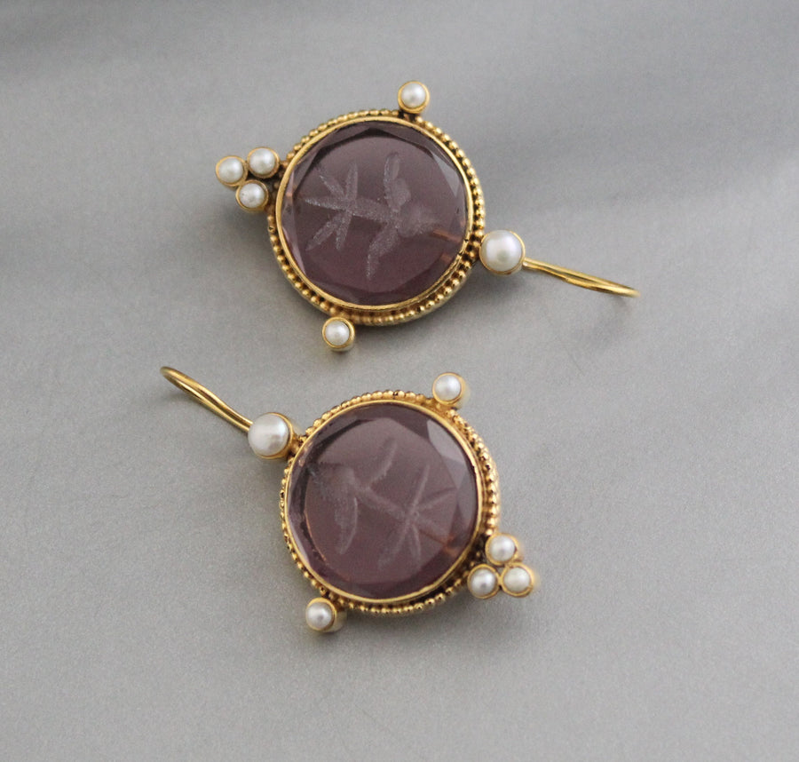 Purple Intaglio Earrings, Victorian Style, Gold, photo 2