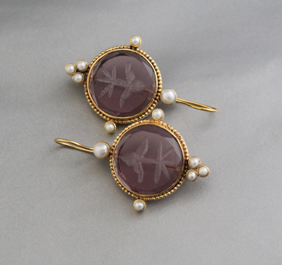 Purple Intaglio Earrings, Victorian Style, Gold, photo 4