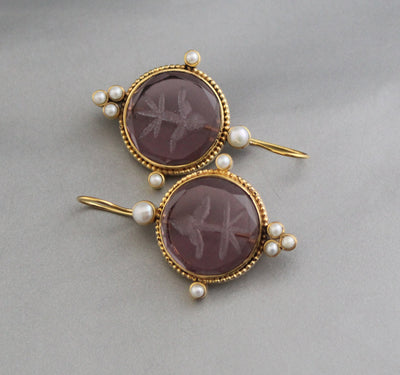 Purple Intaglio Earrings, Victorian Style, Gold, photo 4