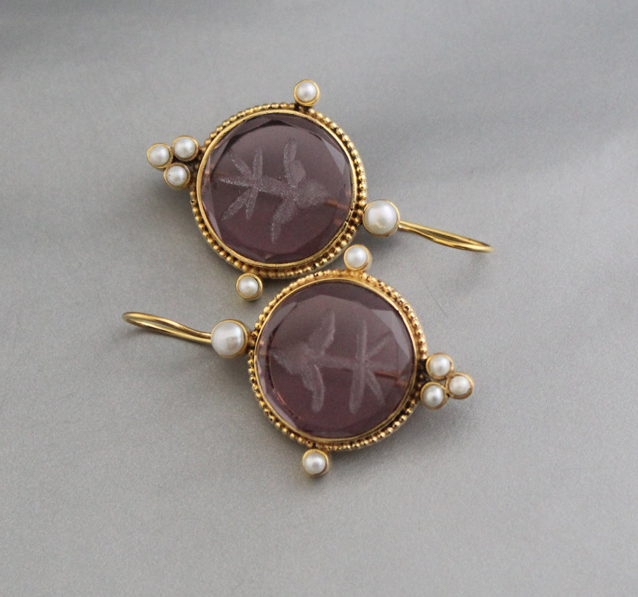 Purple Intaglio Earrings, Victorian Style, Gold, photo 4