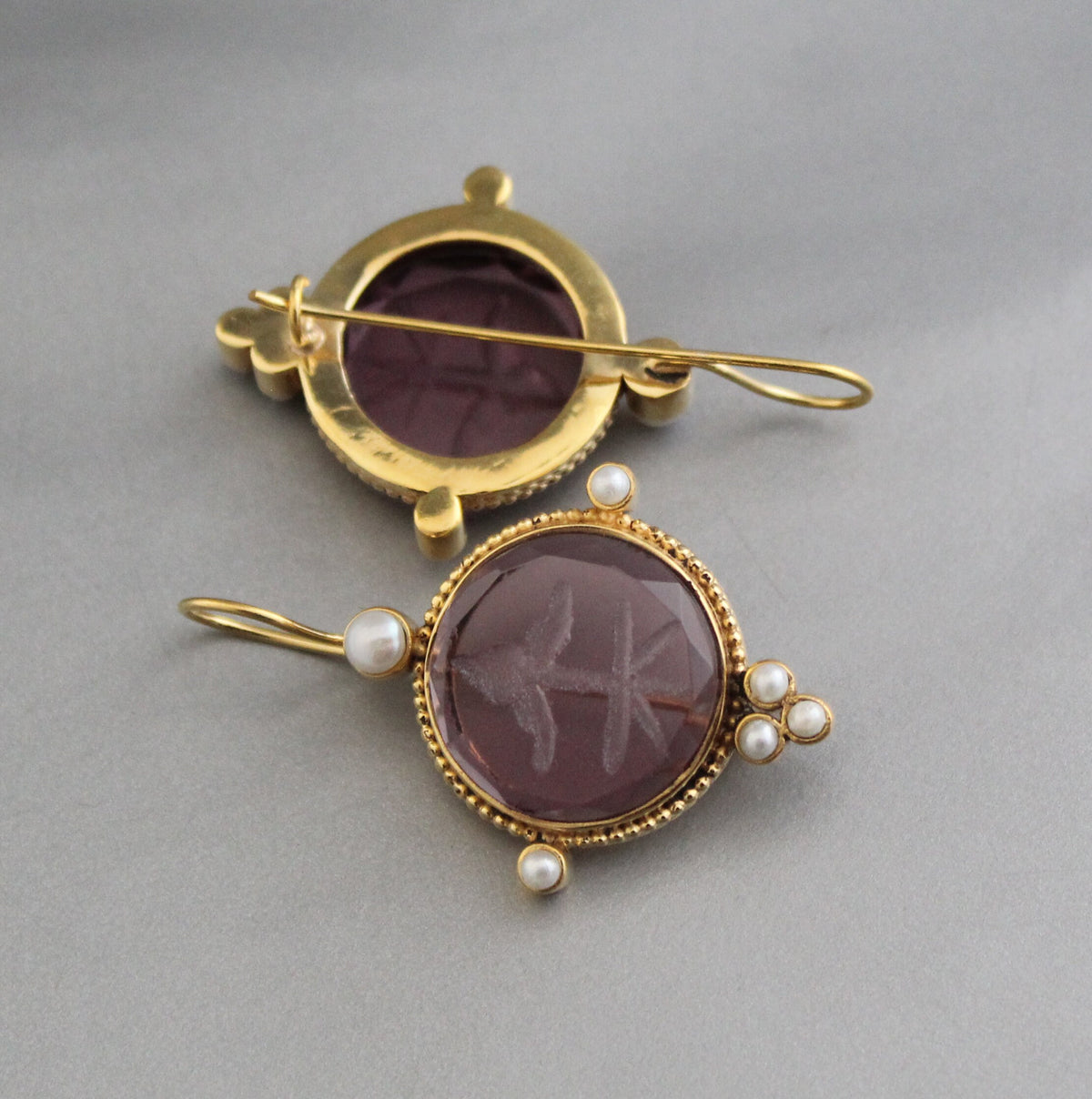 Purple Intaglio Earrings, Victorian Style, Gold, photo 5
