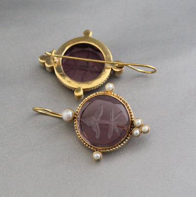 Purple Intaglio Earrings, Victorian Style, Gold, photo 5