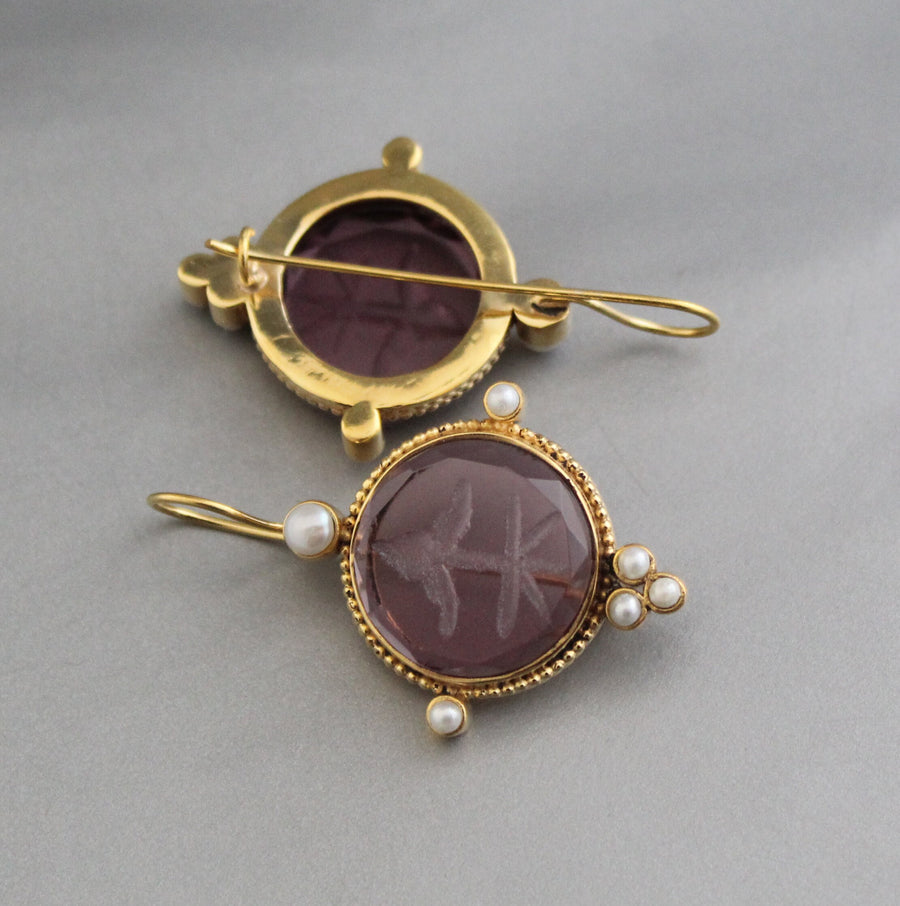 Purple Intaglio Earrings, Victorian Style, Gold, photo 5