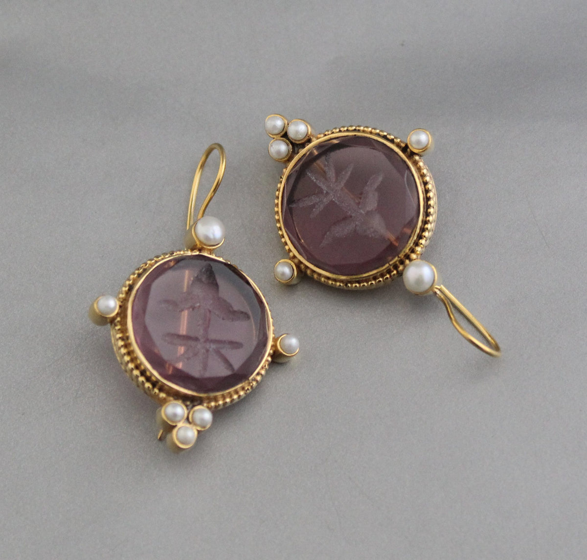 Purple Intaglio Earrings, Victorian Style, Gold
