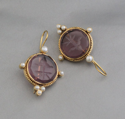 Purple Intaglio Earrings, Victorian Style, Gold