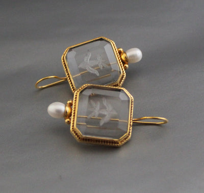 Clear Crystal Intaglio Earrings, 1920s Art Deco Engraved, Gold, photo 5