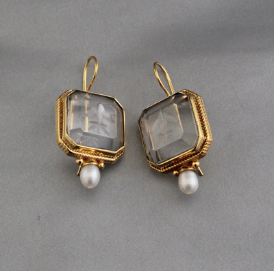 Clear Crystal Intaglio Earrings, 1920s Art Deco Engraved, Gold, photo 6