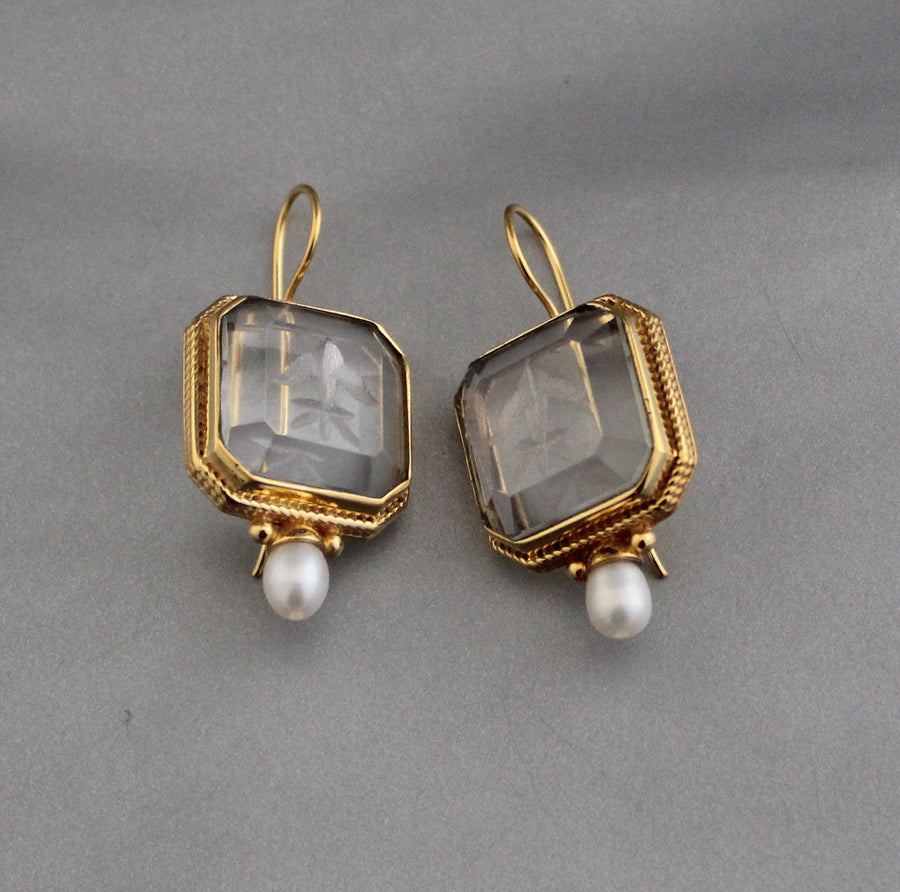 Clear Crystal Intaglio Earrings, 1920s Art Deco Engraved, Gold, photo 6
