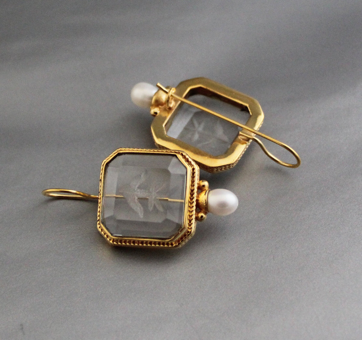 Clear Crystal Intaglio Earrings, 1920s Art Deco Engraved, Gold, photo 7