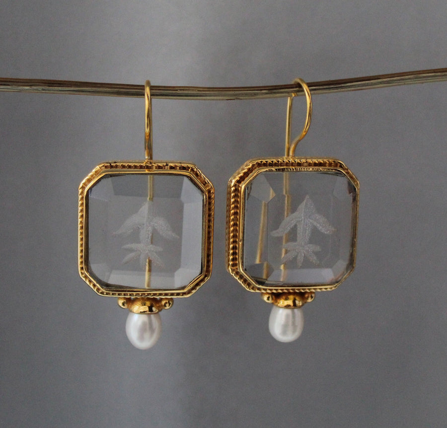 Clear Crystal Intaglio Earrings, 1920s Art Deco Engraved, Gold, photo 9