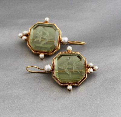 Green Square Intaglio Earrings, 1920s Art Deco Pearl Drops, Gold Plated, photo 7