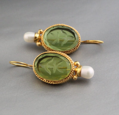 Green Intaglio Glass Earrings, Victorian Bridal Pearl Drops, 18K Gold Vermeil, photo 5