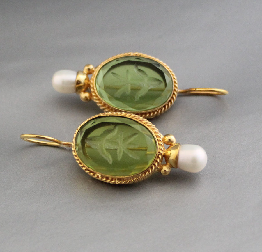 Green Intaglio Glass Earrings, Victorian Bridal Pearl Drops, 18K Gold Vermeil, photo 5