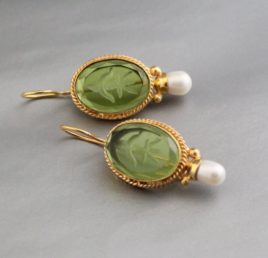 Green Intaglio Glass Earrings, Victorian Bridal Pearl Drops, 18K Gold Vermeil, photo 7