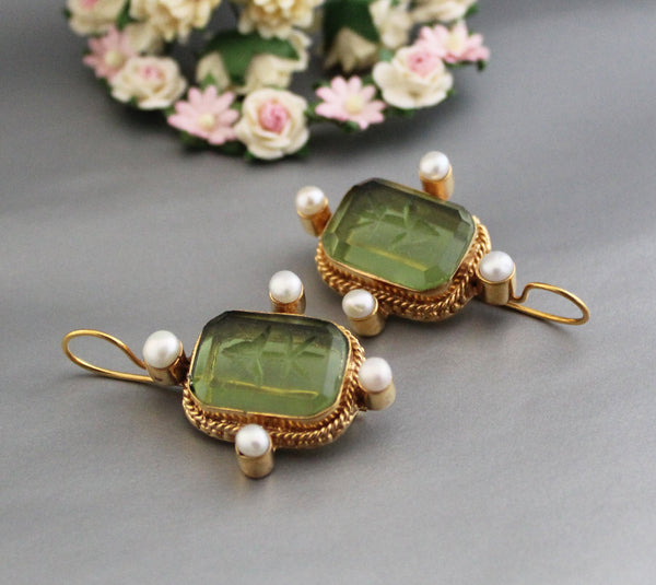 Emerald Intaglio Earrings, Victorian Gothic Drops