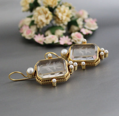 Intaglio Crystal Earrings, Edwardian Style, Brass with Pearls, photo 5