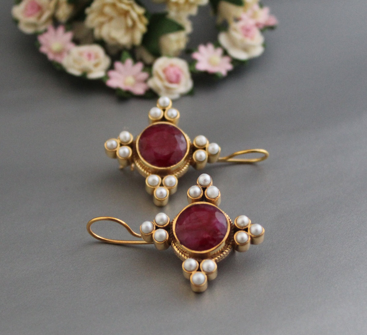 Ruby and Pearl Earrings, Art Deco Bridal Style, photo 2