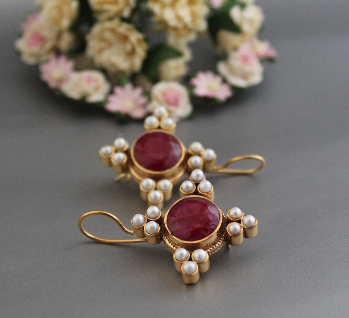 Ruby and Pearl Earrings, Art Deco Bridal Style, photo 5