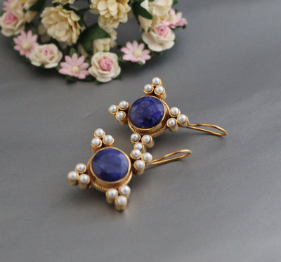 Sapphire and Pearl Earrings, Art Deco Style, 18K Gold Vermeil