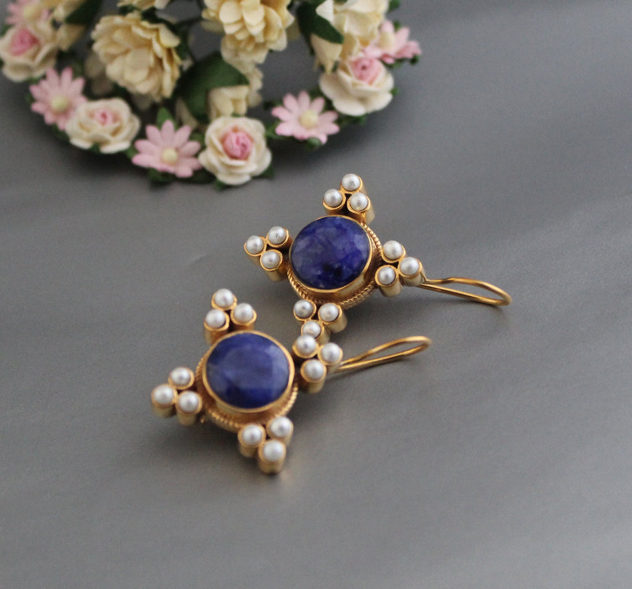 Sapphire and Pearl Earrings, Art Deco Style, 18K Gold Vermeil