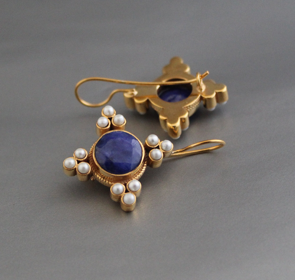 Sapphire and Pearl Earrings, Art Deco Style, 18K Gold Vermeil, photo 8